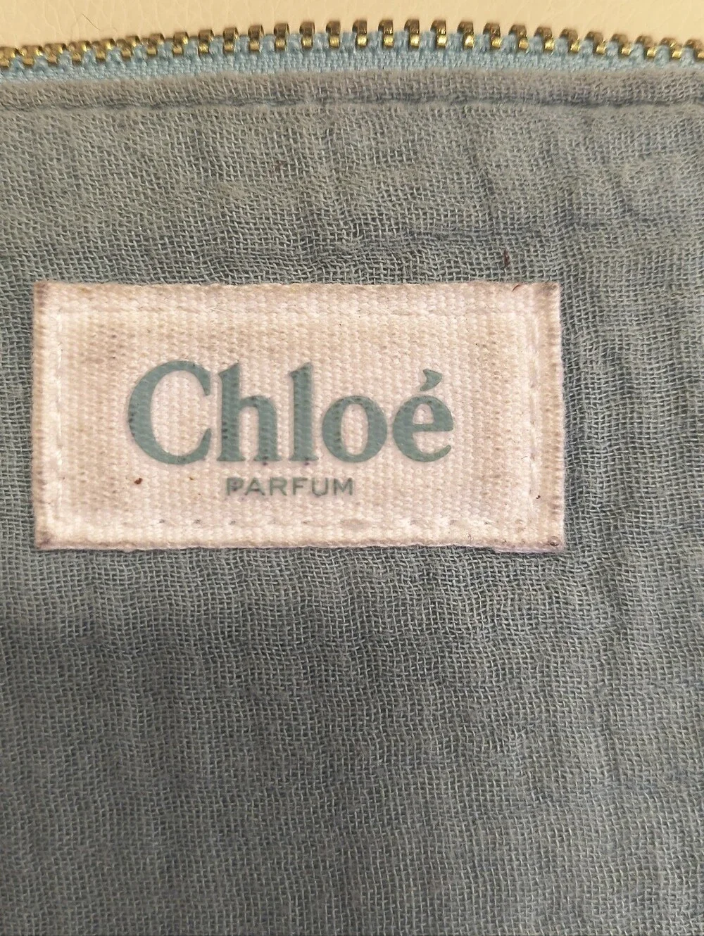 Chloe Parfums Slate Blue Linen Makeup Cosmetic Bag Pouch Gold Logo Zipper
